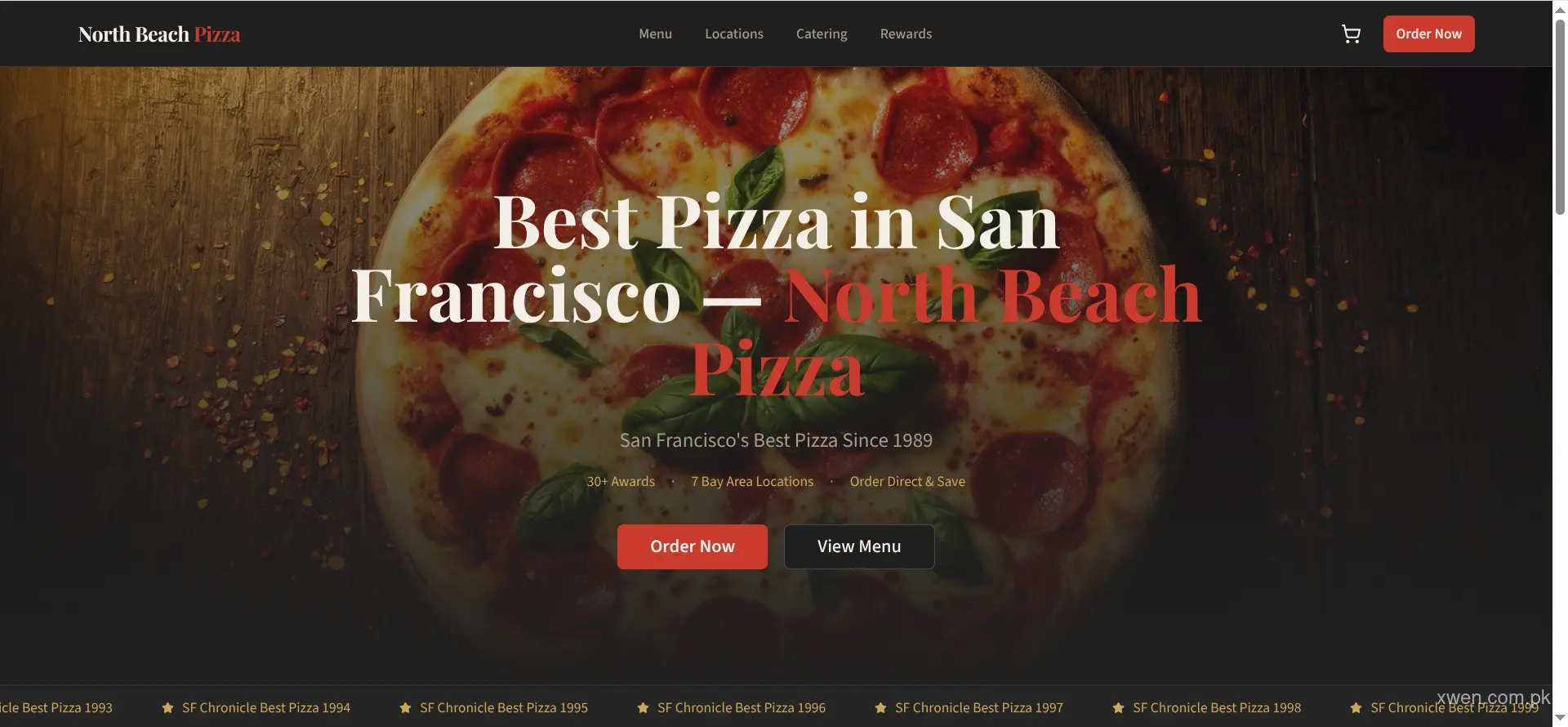 Northbeach Pizza Hub homepage showing handcrafted pizzas and special deals