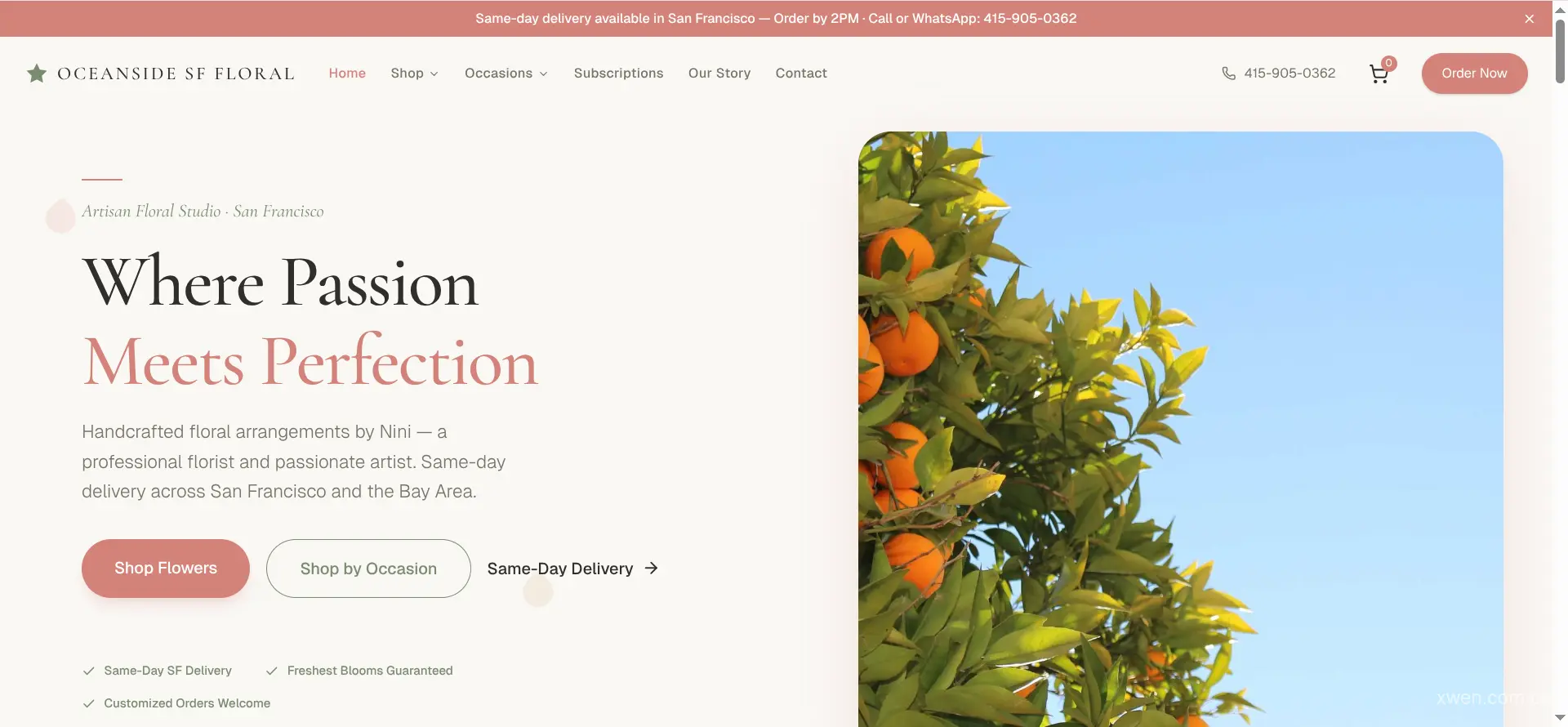 Oceanside's Florist storefront homepage featuring handcrafted floral arrangements