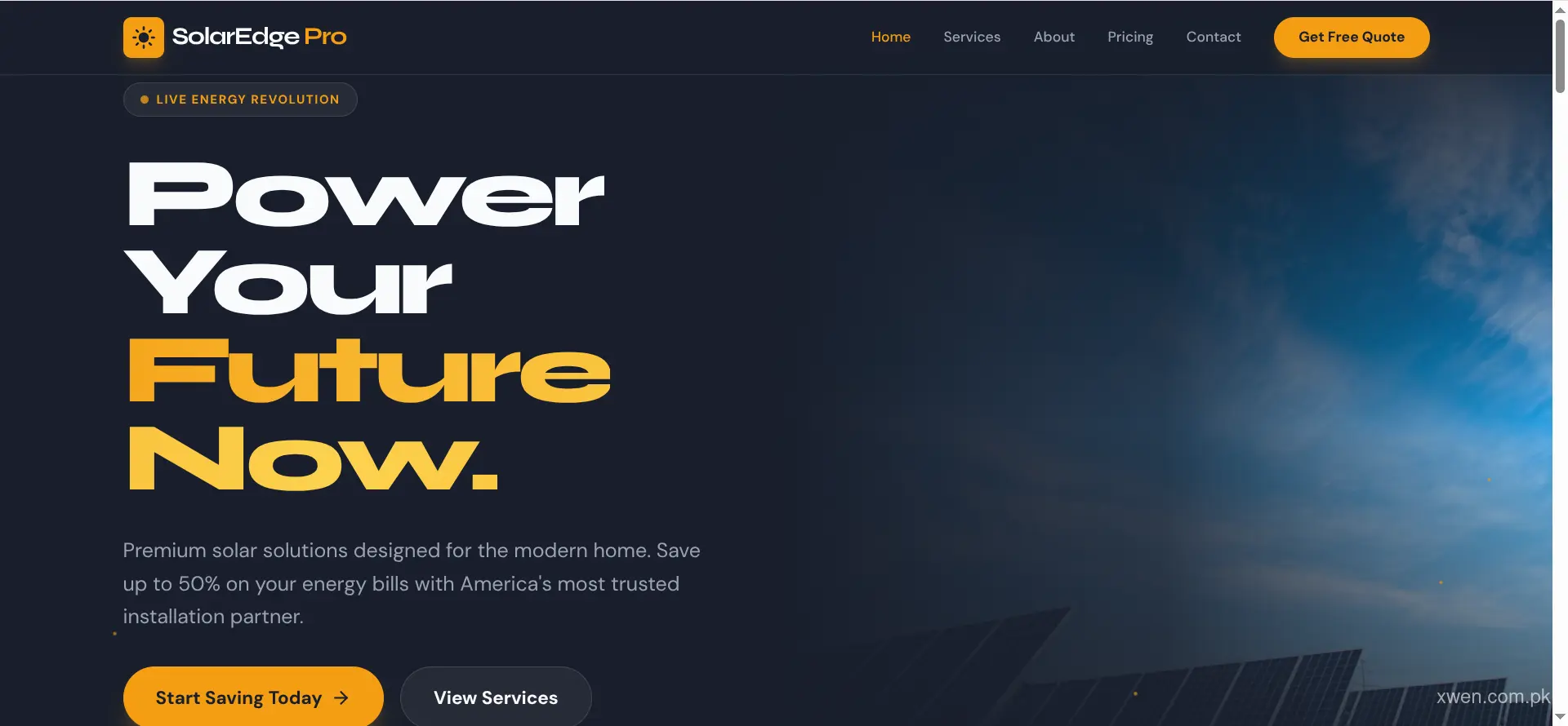 Solar Edge Pro solar energy solutions homepage with clean energy savings calculator